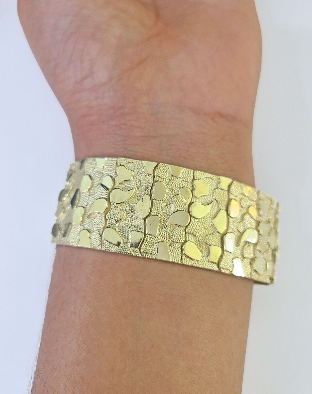 10K REAL Nugget Bracelet Yellow Gold 9"Inch 23mm Men Hand Gold 10kt - GoldenlinQ